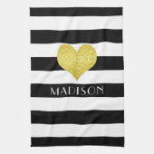 名前白黒金ゴールドハートパターンプリント キッチンタオル (縦)