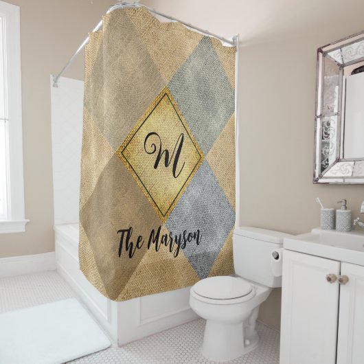 名前素朴イニシャル、パッチモノグラムのBurlap シャワーカーテン (インサイチュ)
