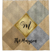 名前素朴イニシャル、パッチモノグラムのBurlap シャワーカーテン (正面)