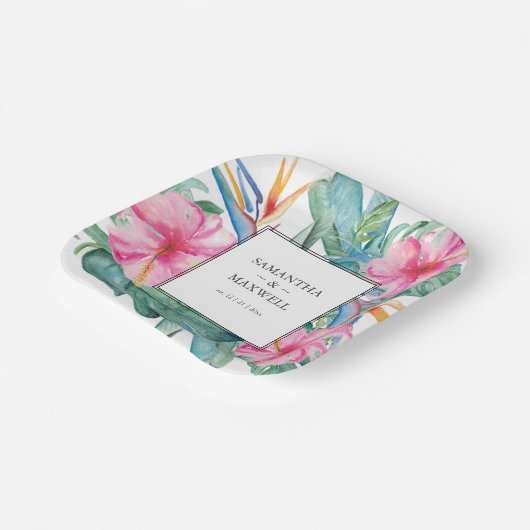 名前結婚付きトロピカルの水彩フローラ ペーパープレート (傾斜あり)