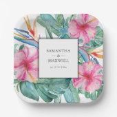 名前結婚付きトロピカルの水彩フローラ ペーパープレート (正面)