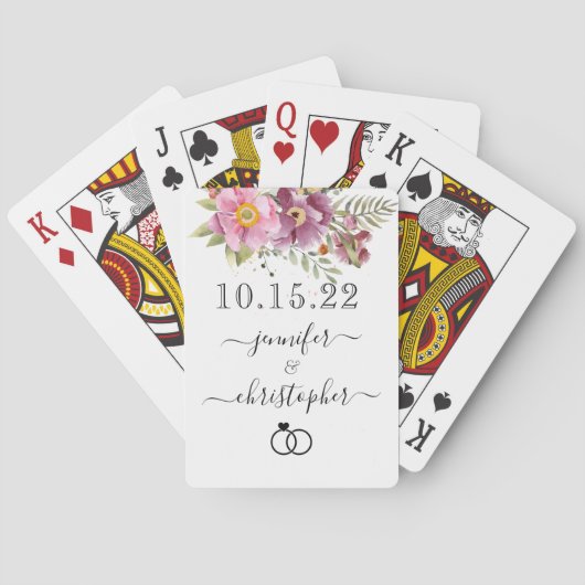 名前結婚付きNEWLYWEDの日付,ピンク花模様 トランプ (裏面)