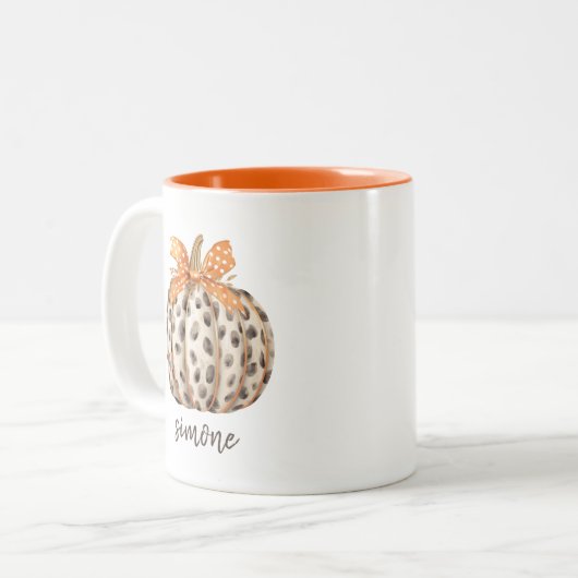名前編集可能なかわいいオレンジカボチャ収穫秋 ツートーンマグカップ (正面左)