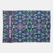 名前💙美しい青いイズニクのトルコのタイル キッチンタオル (横)