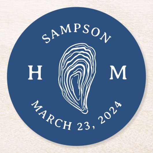 名前航海の付きオイスターシェルモノグラム ラウンドペーパーコースター (正面)