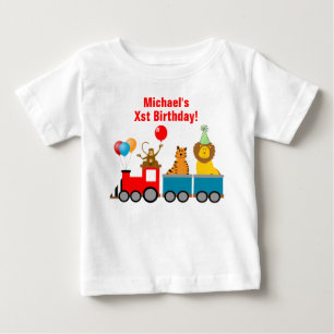 名前誕生日ボーイズーサファリアニマルライオントレイン ベビーTシャツ