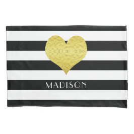 名前金ゴールドハート白黒ストライプパターン 枕カバー