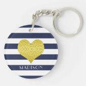 名前金ゴールドハート青い白ストライプ色のパターン キーホルダー (裏面)