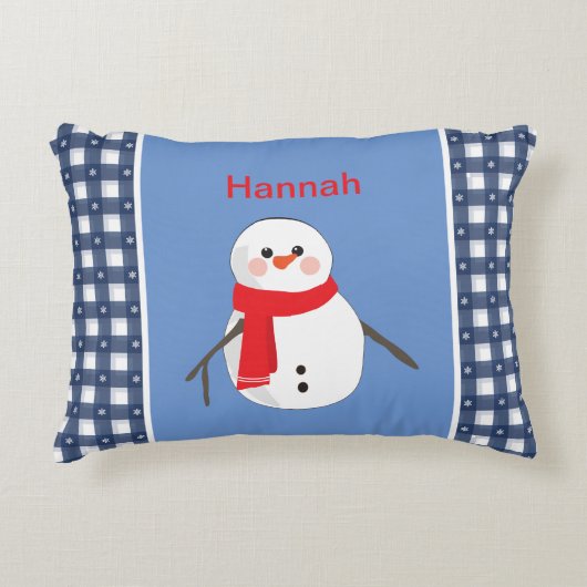名前魅力的付き青いプレイド雪だるま アクセントクッション (正面)
