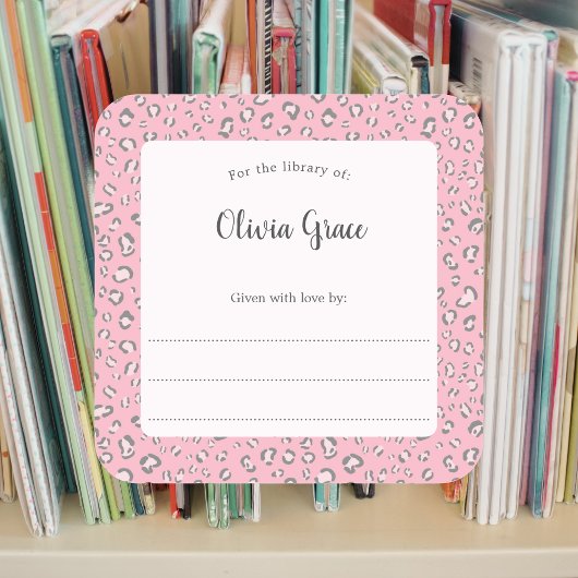 名前2のピンクグレーヒョウのフレーム蔵書票 スクエアシール