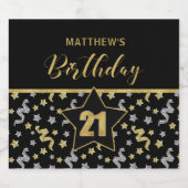 名前21の誕生日紙吹雪テーマで金ゴールドの黒 スパークリングワインラベル (シングルラベル)
