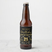 名前21の誕生日紙吹雪テーマで金ゴールドの黒 ビールラベル (正面)