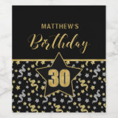 名前30th誕生日紙吹雪テーマで金ゴールドをブラック ワインラベル (シングルラベル)