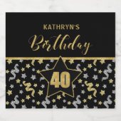 名前40th誕生日紙吹雪テーマで金ゴールドをブラック スパークリングワインラベル (シングルラベル)