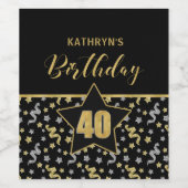 名前40th誕生日紙吹雪テーマで金ゴールドをブラック ワインラベル (シングルラベル)