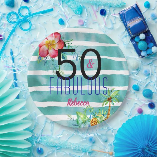名前50およびすばらしい熱帯花柄の第50誕生日 ペーパープレート (パーティー)