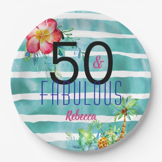 名前50およびすばらしい熱帯花柄の第50誕生日 ペーパープレート (正面)