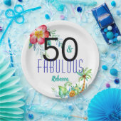 名前50およびすばらしい熱帯花柄の第50誕生日 ペーパープレート (パーティー)
