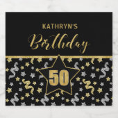 名前50番目の誕生日紙吹雪テーマの金ゴールド(黒) スパークリングワインラベル (シングルラベル)