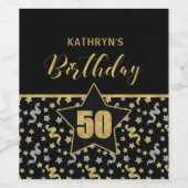名前50番目の誕生日紙吹雪テーマの金ゴールド（黒） ワインラベル (シングルラベル)