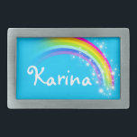 名前6の手紙の虹の明るく青い楕円形のベルトの留め金 長方形ベルトバックル<br><div class="desc">挙げられた虹のベルトの留め金はあなたの選択(6つまでの手紙だけ)の名前と、現在、Karina読みますかまたは個人化なります。 ビクトリア、オーストラリアの多くの美しい虹からの刺激を受けたここに設計して下さい。 サラTrettが専ら設計している項目。</div>