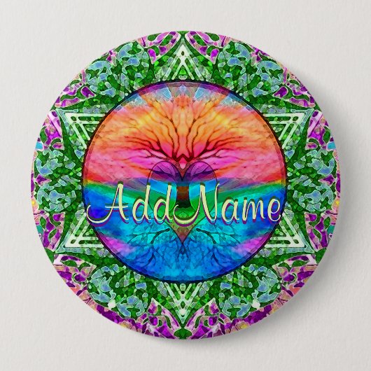 名前|の虹のハートの木を加えて下さい 缶バッジ (正面)