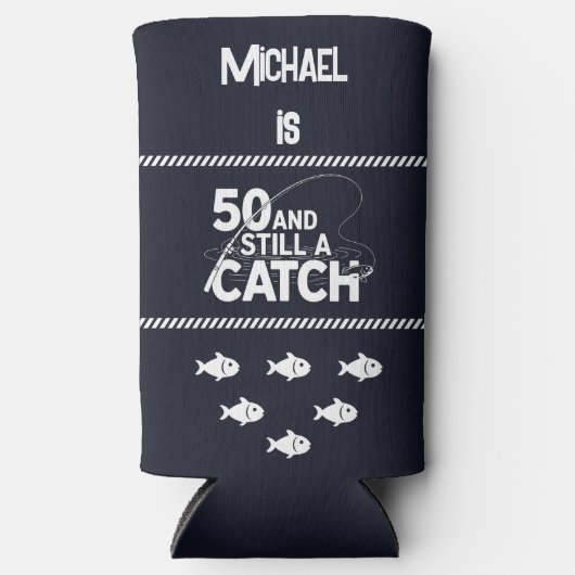 [名前]は50であり、まだキャッチおもしろい誕生日ギフト スリム缶クーラー (正面)