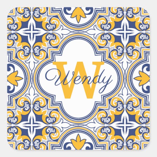 💙💛名前+イニシャルアズレホス スクエアシール (正面)