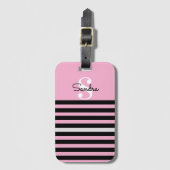 名前、イニシャルブラック&ピンクストライプシック ラゲッジタグ (正面縦)