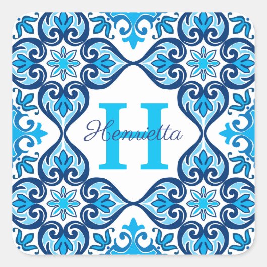 💙🤍名前+イニシャルブルー – 白アズレホスX, スクエアシール (正面)