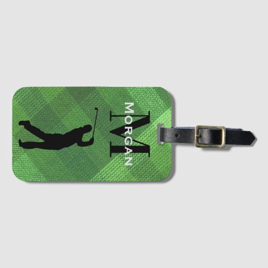 名前、イニシャル男性ゴルファーのシルエットグリーンプレイド ラゲッジタグ (正面横)