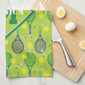 名前&イニシャル、グリーン&パープルテニスラケット付き キッチンタオル (四つ折り)