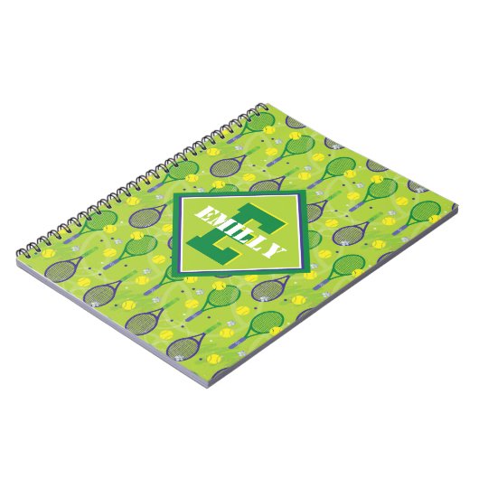 名前&イニシャル、グリーン&パープルテニスラケット付き ノートブック (左側)