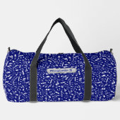 名前、イニシャル、音楽ノートを青で追加 ダッフルバッグ (正面)