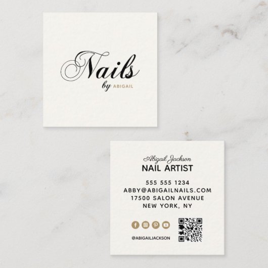 「名前」エレガント別のタイポグラフィ爪、 ネイルQRコードアイボリー スクエア名刺 (正面/裏面)