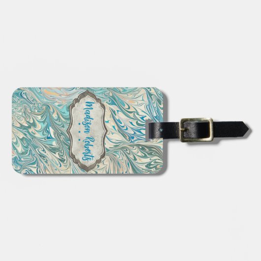 名前 オーダーメイド ティール＆フェawn マーブルジオード ラゲッジタグ (正面横)