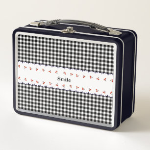 名前 カスタマイズ チェリー チェック ブラック メタルランチボックス