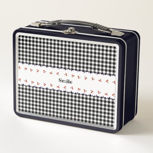 名前　カスタマイズ　チェリー　チェック ブラック  メタルランチボックス (正面)