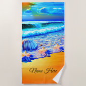 名前、ゴールデンサンズ海波海シェルブルーを追加 ビーチタオル (正面)