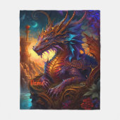 名前、ゴールデンレッド&ブルー虹色ドラゴンの追加 フリースブランケット (正面)