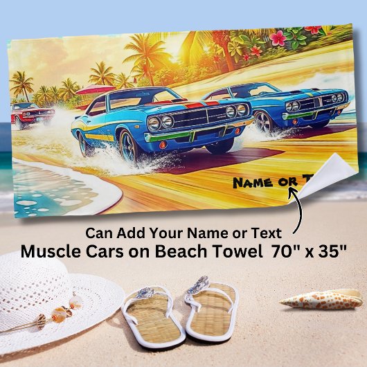 名前、サンディのブルーマッスルカー ビーチタオル