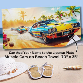 名前，サンディサーフショア上のブルーイエローマッスルカー ビーチタオル