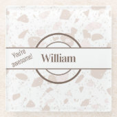 名前、タンとベージュのテラゾパターン ガラスコースター (正面)