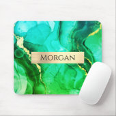 名前、ティール(緑がかった色)イエロー&グリーン液体インク、金ゴールドバー マウスパッド (マウス)