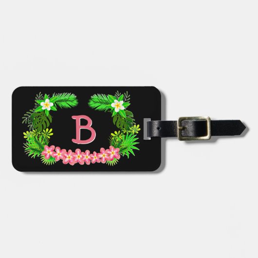 名前、トロピカルグリーンピンクの花を黒に追加 ラゲッジタグ (正面横)