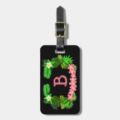 名前、トロピカルグリーンピンクの花を黒に追加 ラゲッジタグ (正面縦)