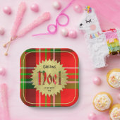 名前 | ノエルタイポグラフィレッドグリーンクリスマスタータンチェック ペーパープレート (パーティー)