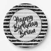 名前 |ハッピーバースデーシンプルストライプパターン黒 ペーパープレート (正面)