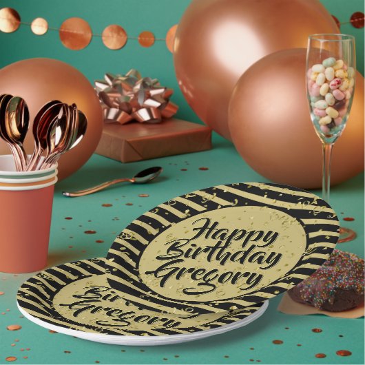 名前 |ハッピーバースデーシンプルストライプブラック/金ゴールド ペーパープレート (複数)