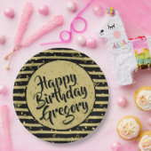 名前 |ハッピーバースデーシンプルストライプブラック/金ゴールド ペーパープレート (パーティー)